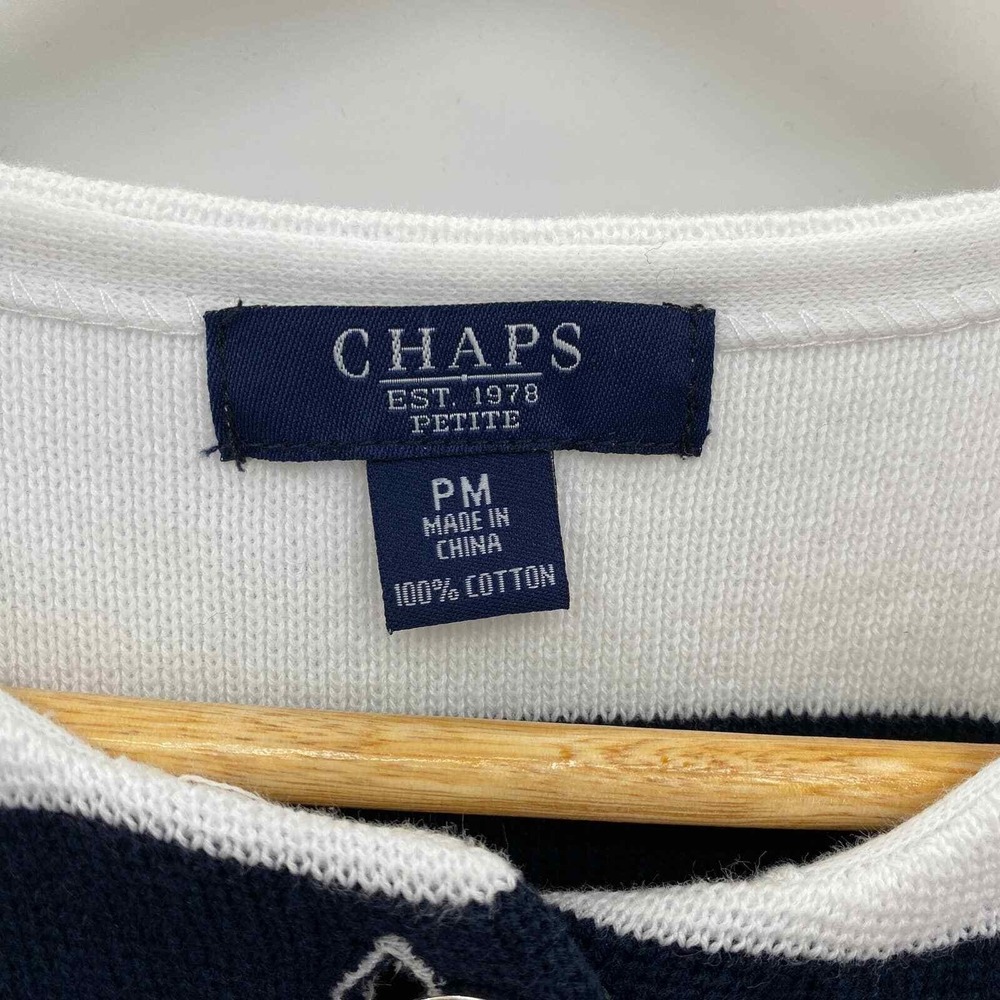 Chaps Cardigan Sweater Petite Medium White Blue Nautical Pockets Button Front - Picture 4 of 8